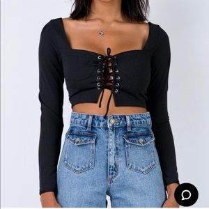 Princess Polly Black Square Neck Lace Up Long Sleeve